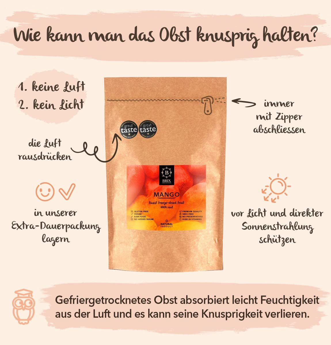 BRIX frystorkad mango | Naturliga, torkade mangoskivor 95 g | Great Taste Award torkad frukt, frystorkad mango | Icke-GMO, glutenfria, veganska, undanhållna vitaminer Naty Shop Dehydrerade produkter