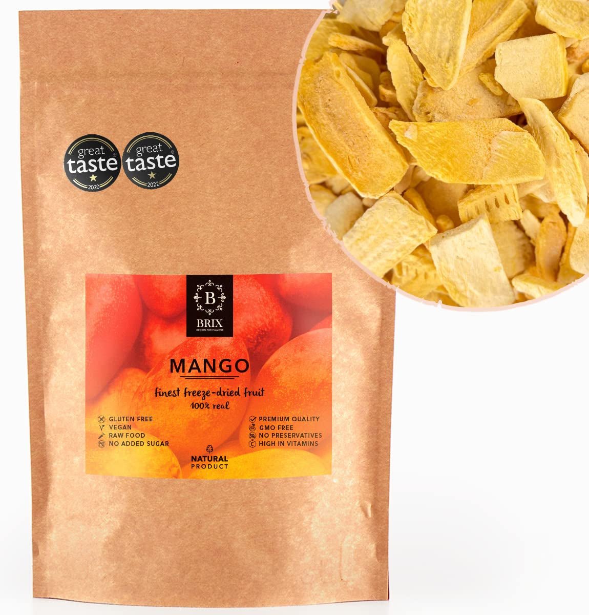 BRIX frystorkad mango | Naturliga, torkade mangoskivor 95 g | Great Taste Award torkad frukt, frystorkad mango | Icke-GMO, glutenfri, vegan, undanhållna vitaminer Naty Shop Dehydrerade produkter Standardtitel