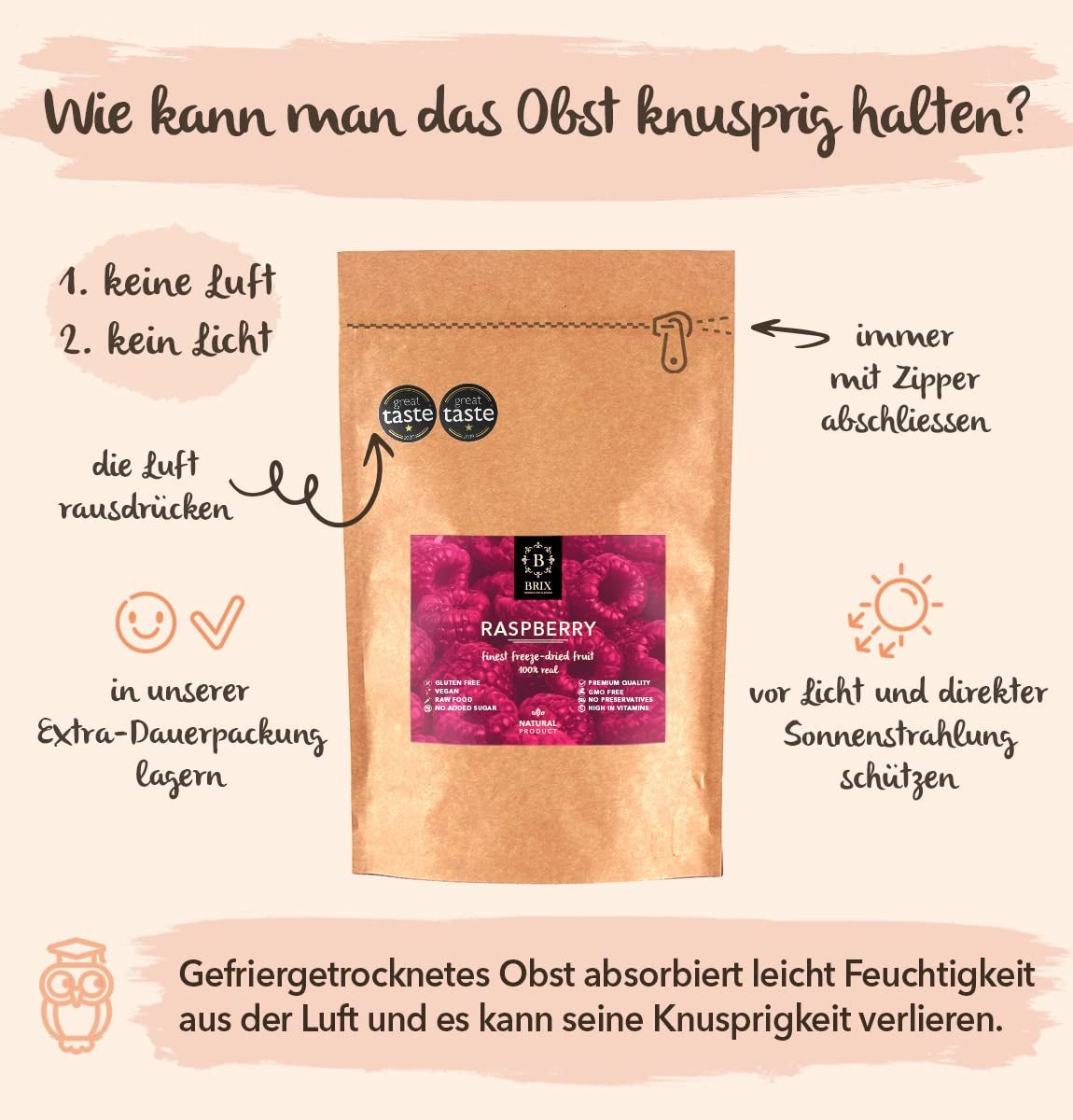 BRIX torkade hallon | Naturligt hallon, frystorkat 85 g | Great Taste Award för torkad frukt | Icke-GMO, glutenfri, vegan, konserverade vitaminer Naty Shop Dehydrerade produkter