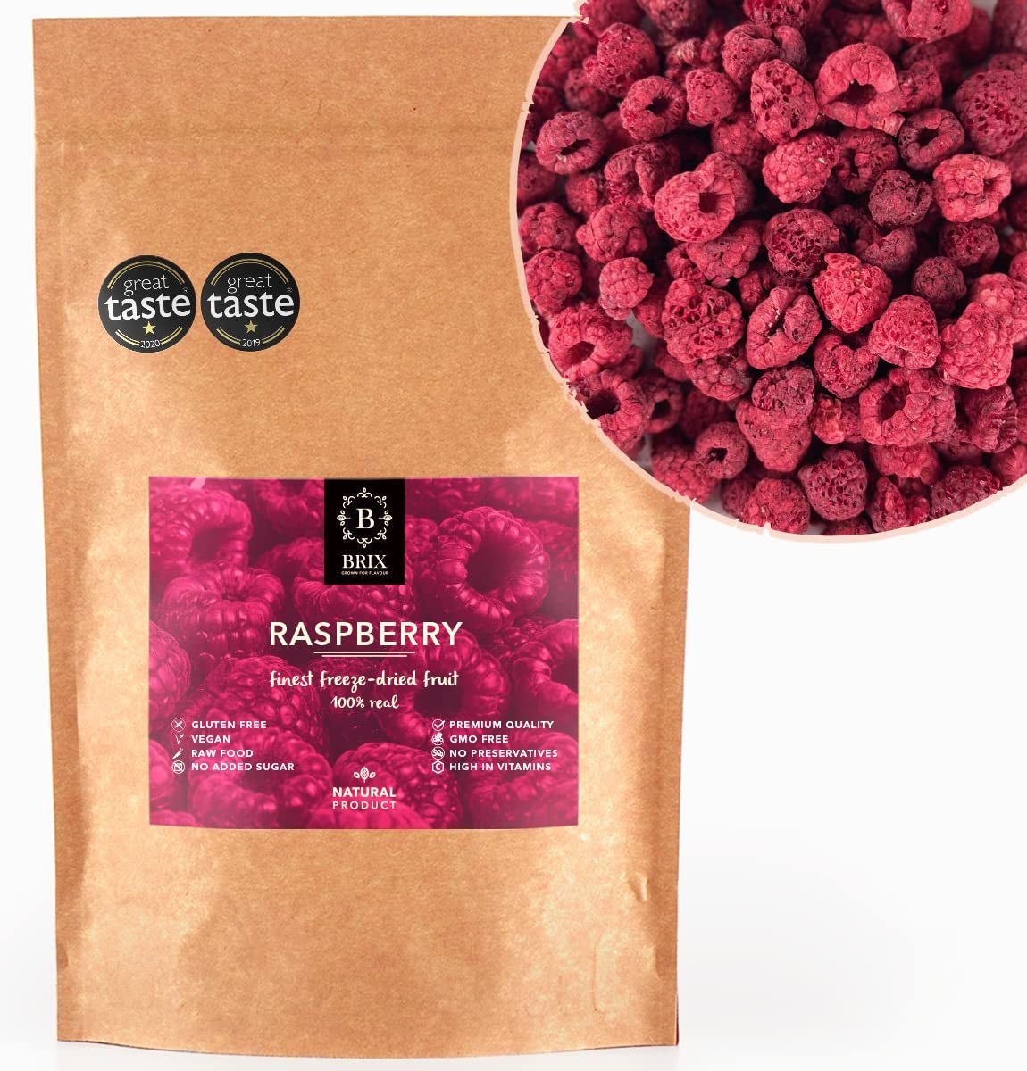 BRIX torkade hallon | Naturligt hallon, frystorkat 85 g | Great Taste Award för torkad frukt | Icke-GMO, glutenfri, vegan, konserverade vitaminer Naty Shop Dehydrerade produkter Standardtitel