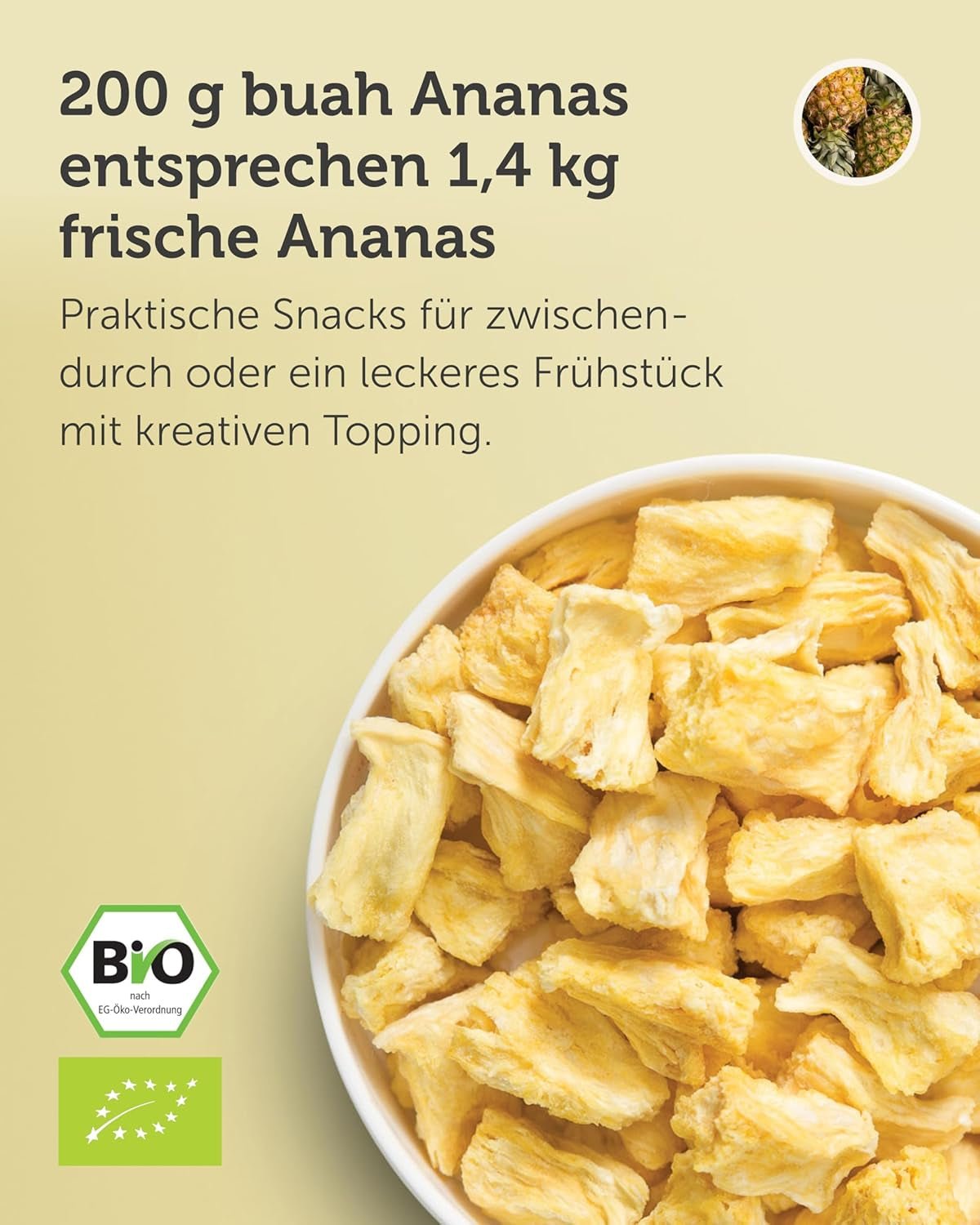 BUAH® Frystorkad ananas | Ananaschips som mellanmål eller till müsli och desserter | Idealisk ersättning för godis | Vegansk och utan tillsatt socker | 100 % frystorkad frukt | 200 g Naty Shop torkade produkter