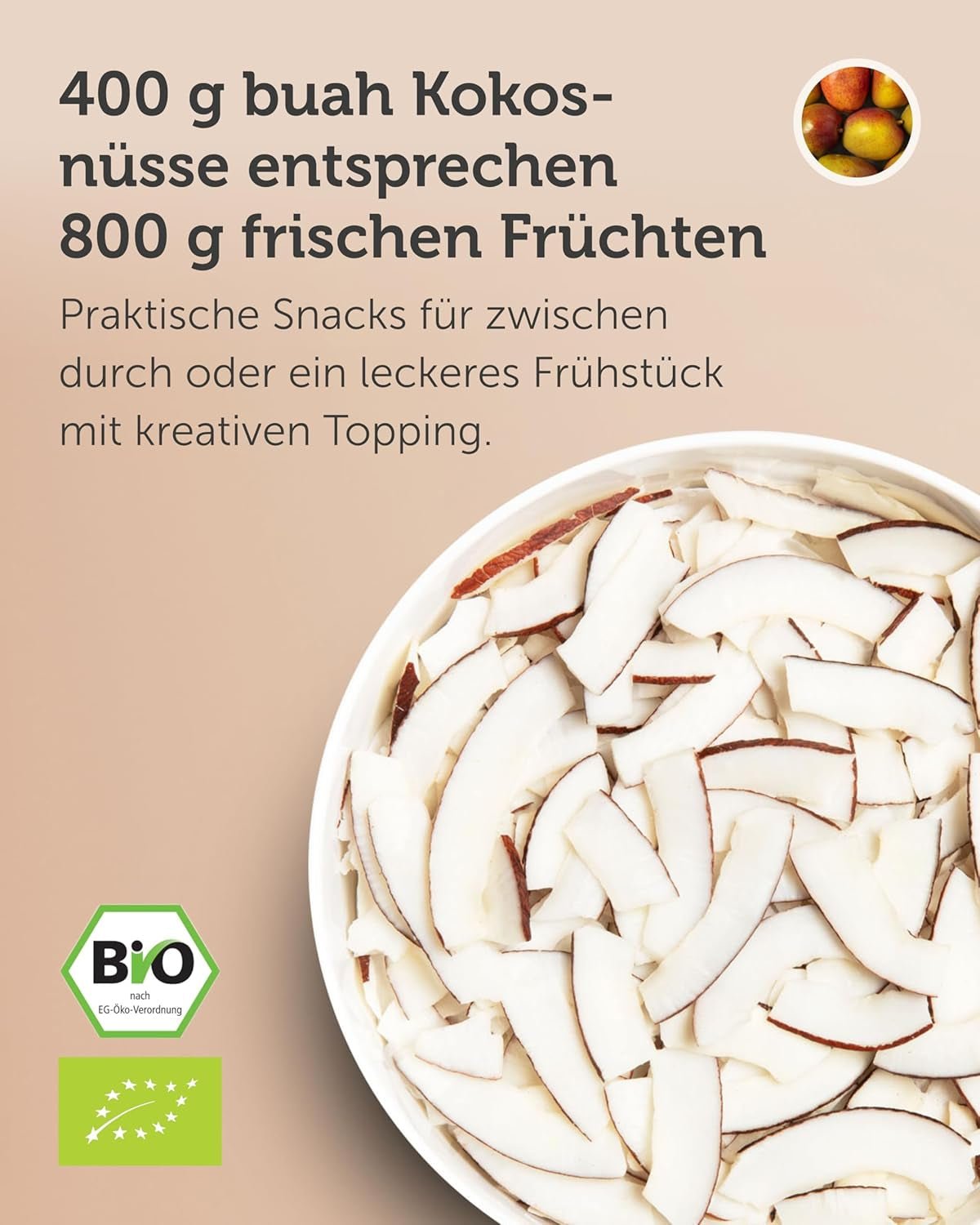 BUAH® torkade kokoschips | Ekologiska kokoschips, mellanmål, müsli & baka kokoschips | Idealisk ersättning för godis | Vegansk och utan tillsatt socker | 400g Naty Shop torkade produkter