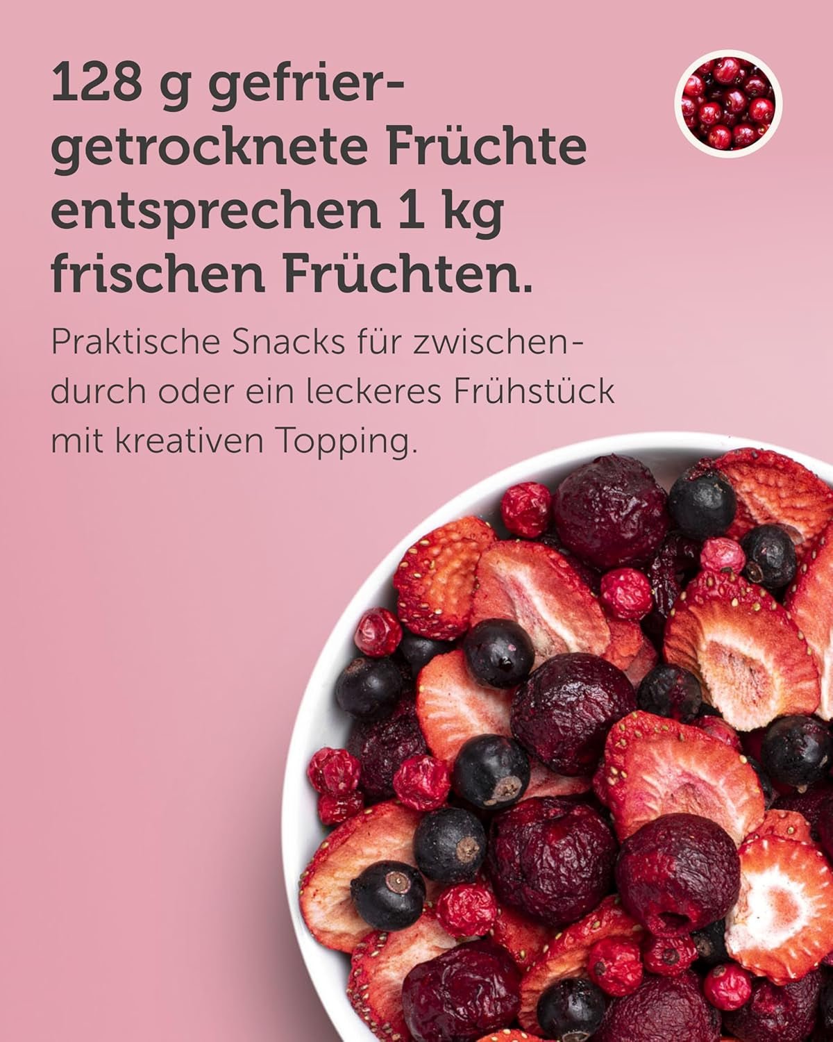 BUAH® Frystorkad fruktmix | körsbär, jordgubbar, röda och svarta vinbär frystorkade utan tillsatt socker | 100 % frukt | vegan, glutenfri, laktosfri (128g) Naty Shop torkade produkter
