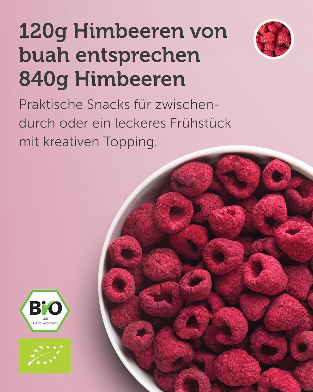 BUAH® Ekologiskt frystorkat hallon | hallonchips som mellanmål, till müsli och desserter | perfekt substitut för godis | vegan och utan tillsatt socker | 120g Naty Shop uttorkade produkter