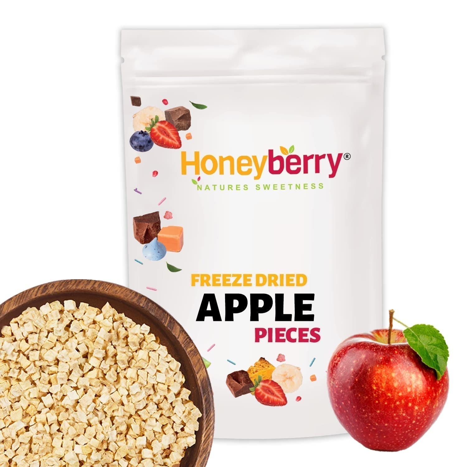 Frystorkade äppelbitar 100g - Frystorkade frukter - Frystorkade torkade frukter - Torkade äpplen - Perfekt för att baka, dekorera kakor, snacks, müsli och desserter Torkade produkter Naty Shop 100G