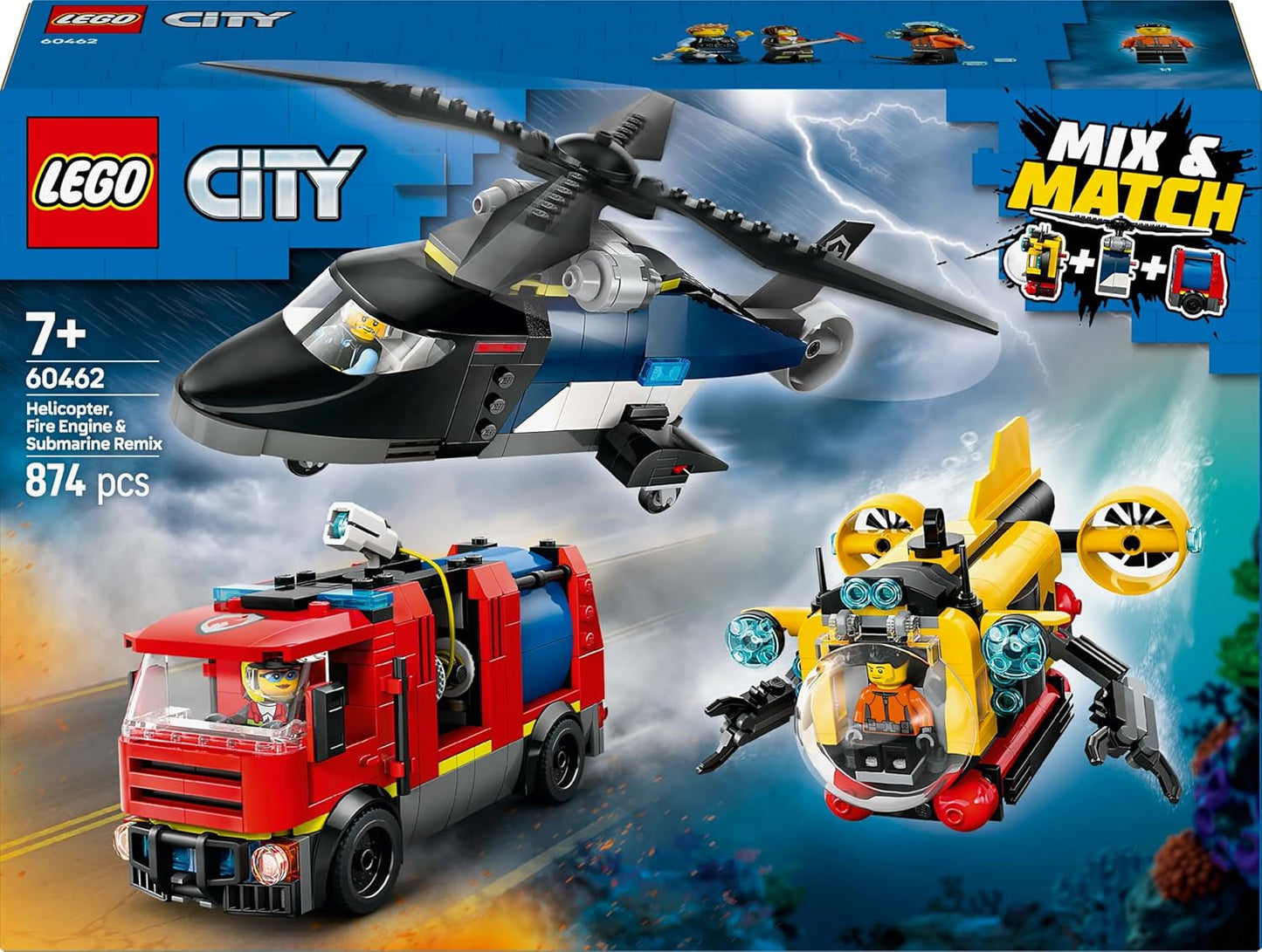 LEGO City Combo Set med helikopter, lejonbil och ubåt och 3 minifigurer - Byggbara leksaksfordon för pojkar och flickor från 7 år - Födelsedags- och semesterpresent 60462 Byggset Besuche den LEGO-Store