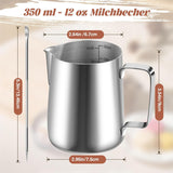 Mjölkmugg, 350 ml mjölkmugg i rostfritt stål med mätmärke, baristatillbehör, mjölkmugg för cappuccino, espresso, latte art, kaffeälskare, silver, 355 ml