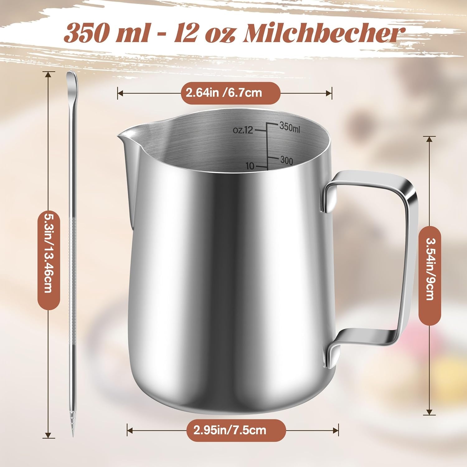 Mjölkmugg, 350 ml mjölkmugg i rostfritt stål med mätmärke, baristatillbehör, mjölkmugg för cappuccino, espresso, latte art, kaffeälskare, silver, 355 ml