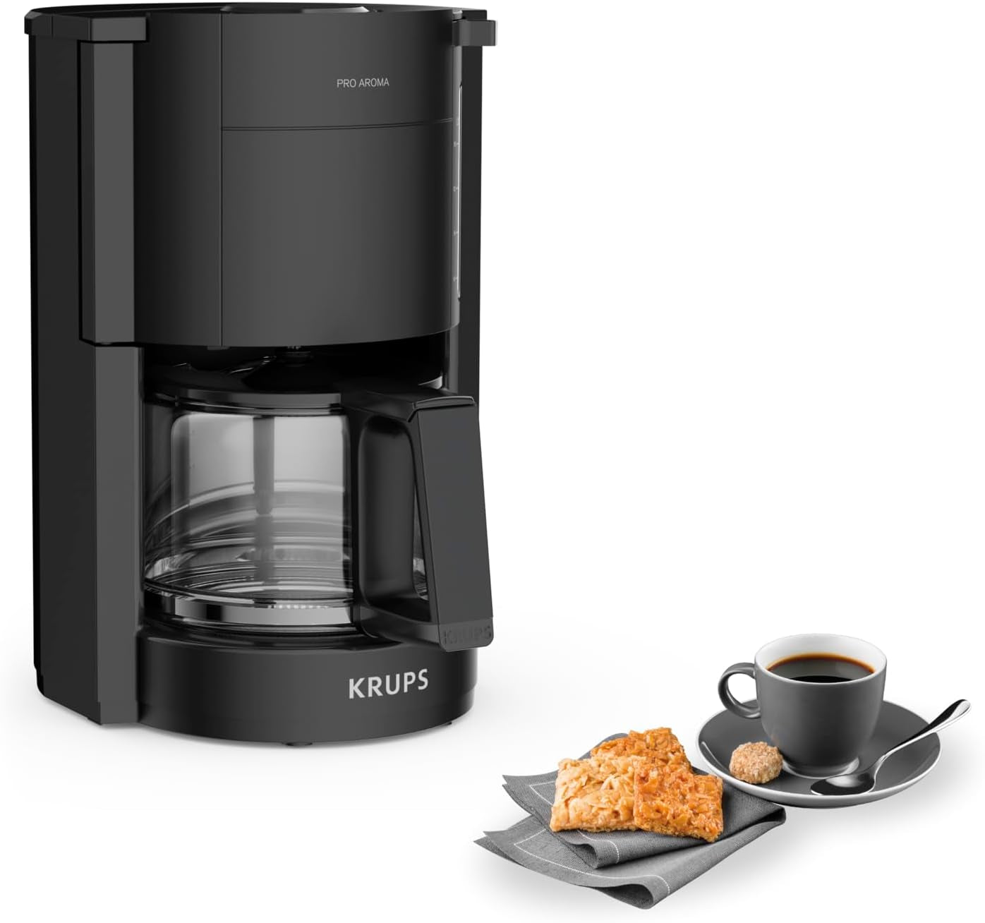 Krups F30908 ProAroma Espressomaskin med filter och glaskaraff, kapacitet 1,25 l, 10-15 koppar, 1050 W, svart