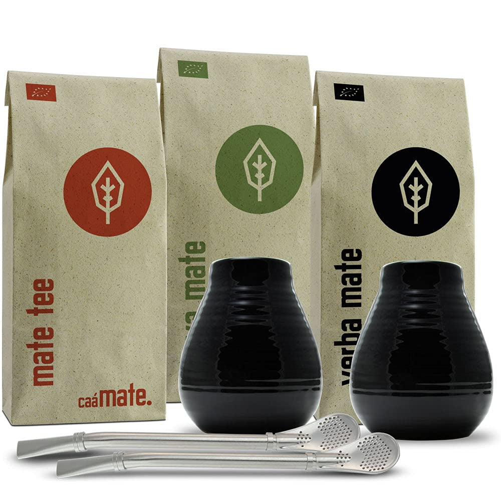 Mate-te-servis för två, ekologisk ● 2 Mate-koppar + 2 bombillas + 300 g Mate-te + tillagningsinstruktioner