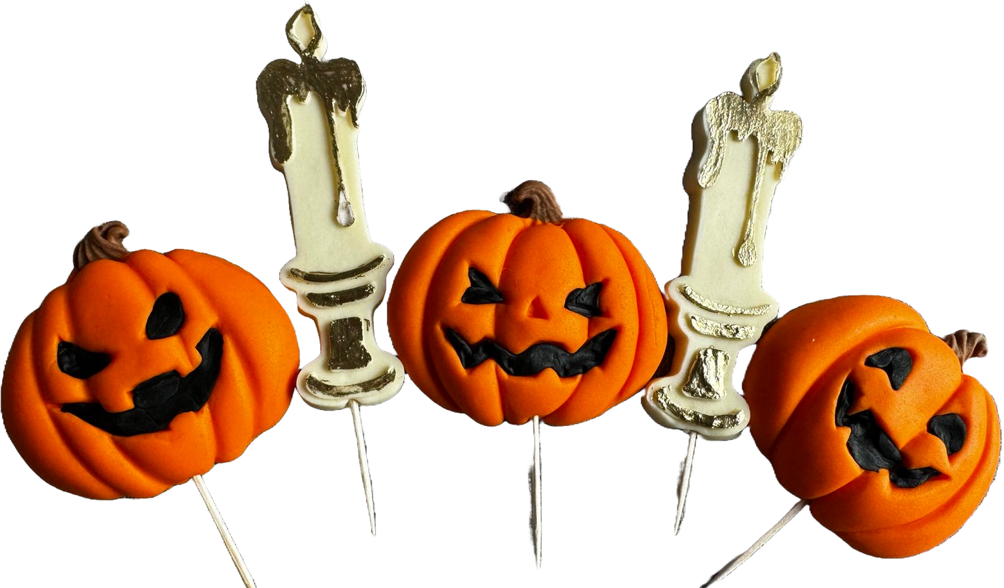 Set med 5 ätbara sugarpaste-dekorationer, Halloween, pumpor och ljus Sugarpaste-dekorationer Naty Shop