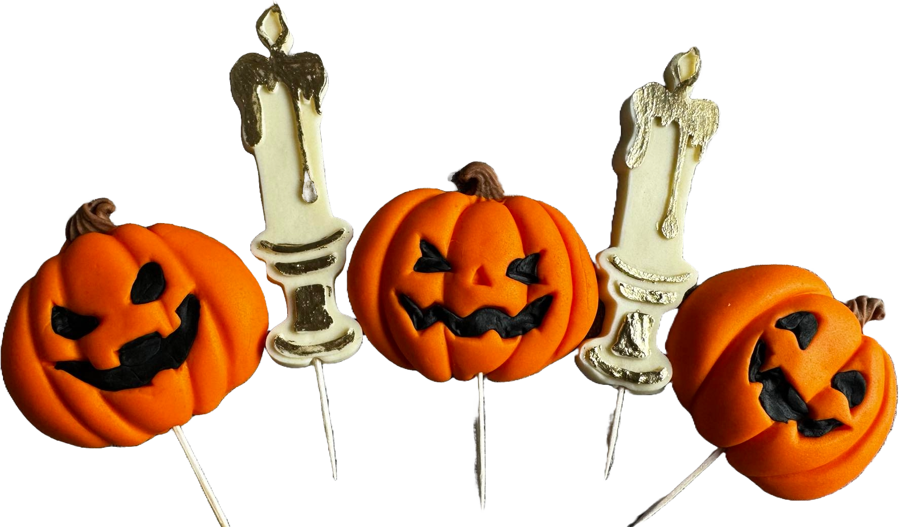 Set med 5 ätbara sugarpaste-dekorationer, Halloween, pumpor och ljus Sugarpaste-dekorationer Naty Shop