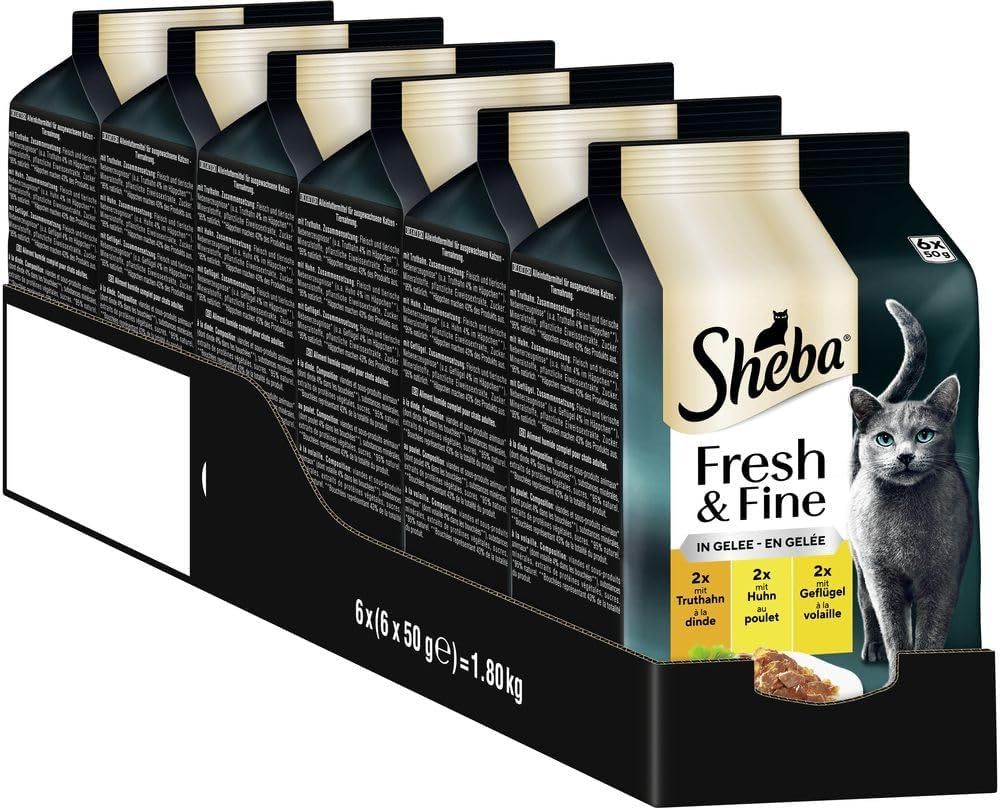 Sheba portionspåsar våtmat för katter, färsk & fin kalkon- och kycklinggelé Multipack, 6x6x50 g - högkvalitativ kalkon- och kycklinggelékattmat