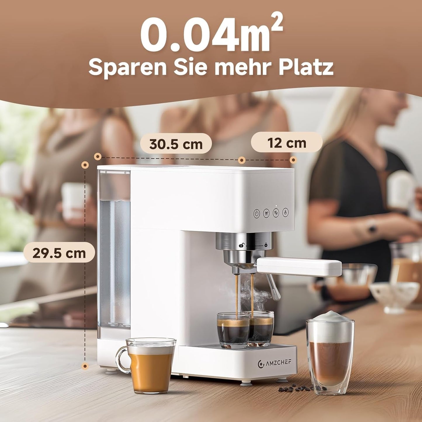 AMZCHEF 20 bars espressomaskin, LED-skärm, professionell mjölkskummare och ånglans av rostfritt stål, 1,5 l avtagbar tank, 1350 W snabbuppvärmning, vit
