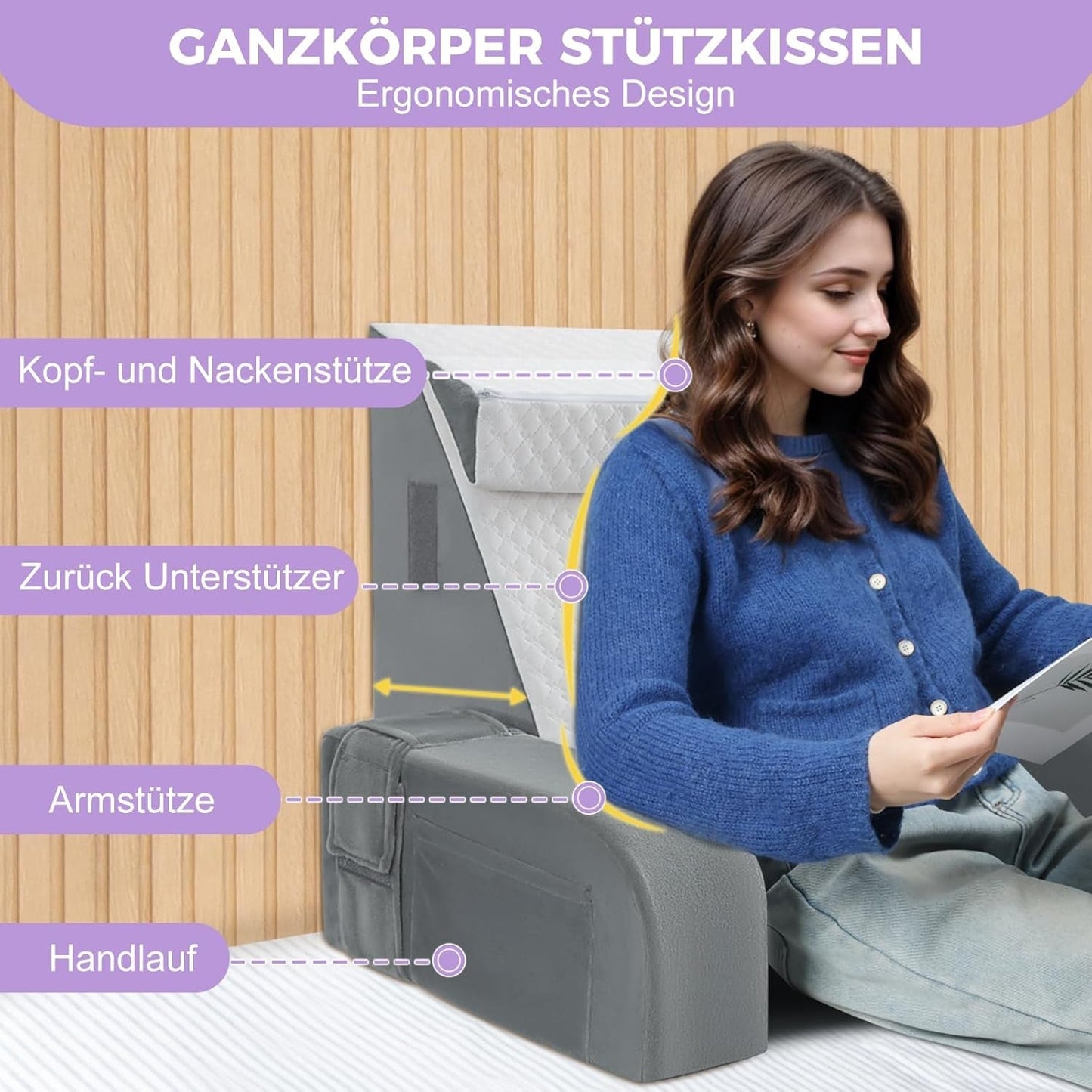 Stor läskudde med handtag, högdensitetsskum, ergonomisk ryggkudde, armstöd, nackstöd och nackstöd, lutande sittdyna för att sova, spela, titta på TV, för säng och soffa