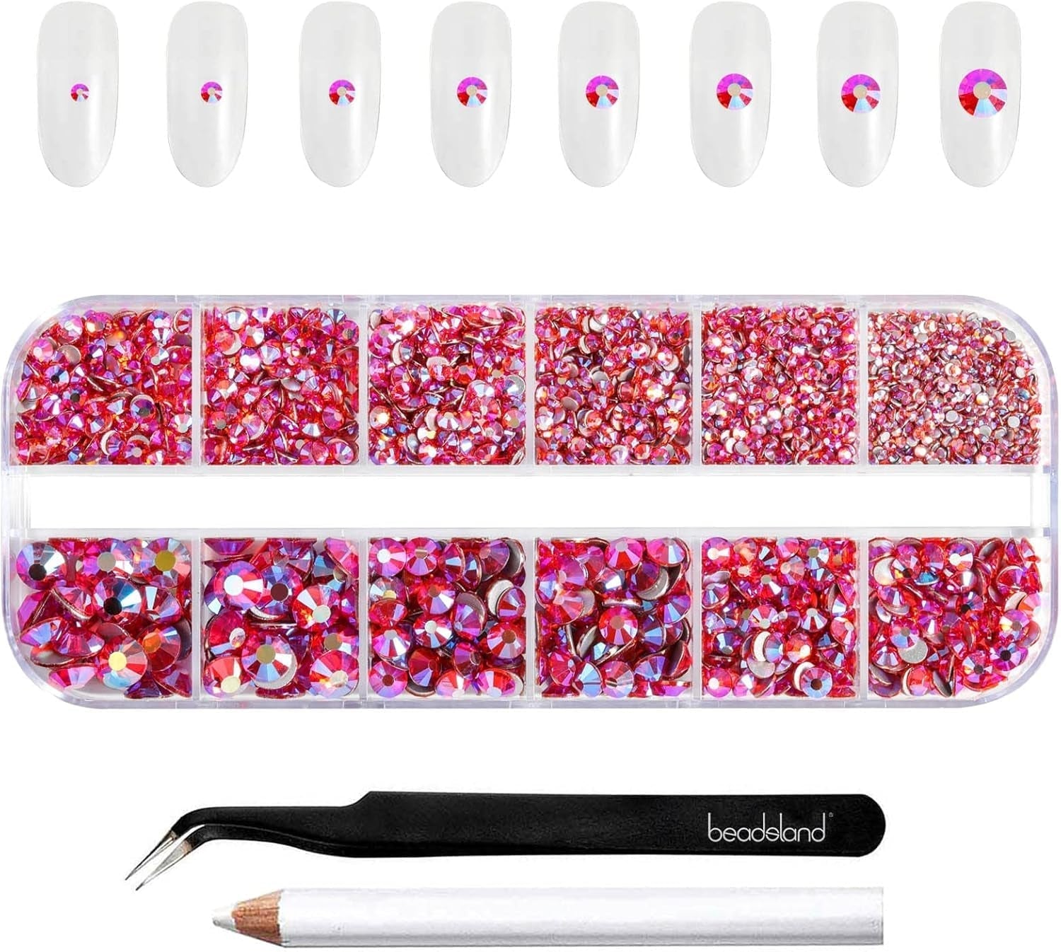 Beadsland 2500st Glas Nailart Strasssteine ​​​​Kristall Flatback Edelsteine ​​​​Runde, ​​Für Handwerk Gemischt 8 Größen SS4 ~ SS30 Mit Picking Pinzette Und Stift (Kristall Weiss)