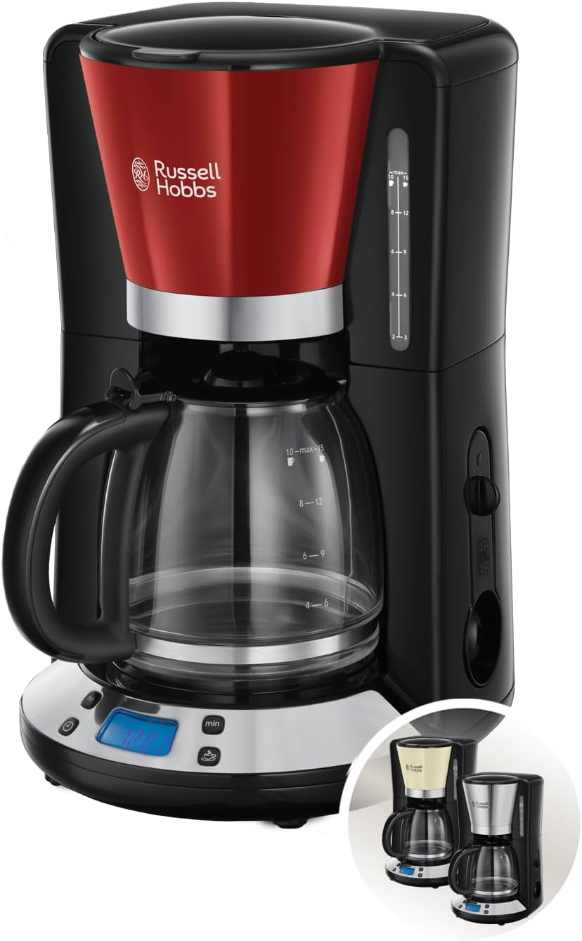 Russell Hobbs kaffebryggare [Digital timer, duschhuvud för optimal extraktion och arom] Färger+ Kräm (1 till 10 koppar, 1,25 L glaskaraff, värmeplatta, 1100W) Filterkaffebryggare 24033-56