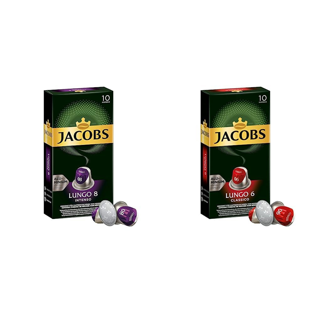 Jacobs Kapseln Lungo Intenso, Intensität 8 & Kapseln Lungo Classico, Intensität 6, 100 Nespresso®* kompatibel Kaffeekapseln, 10er Pack, 10 x 10 Getränke