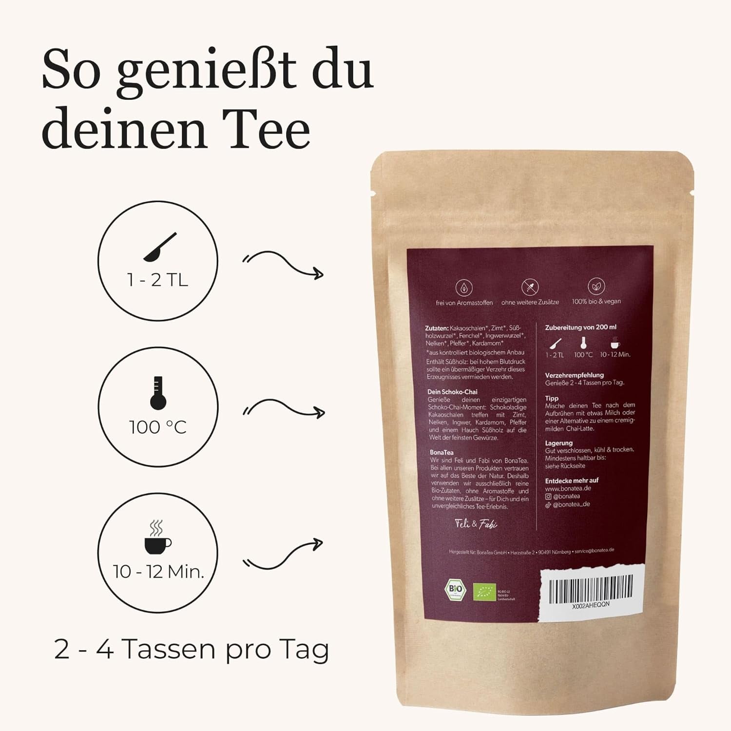 BIO Schoko Chai kryddat te utan socker, med kakaoskidor, kanel, lakrits och andra aromatiska Chai-kryddor, 100 g