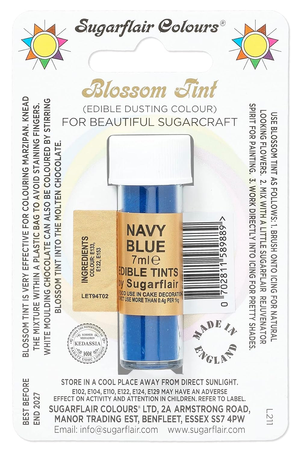 Matfärgningspulver Sugarflair Blossom Tint Duting, marinblått - Livsmedelsfärgpulver för dekoration av färgad sockerpasta, fondant, glasyr, choklad, smörkräm, makroner - 7 ml