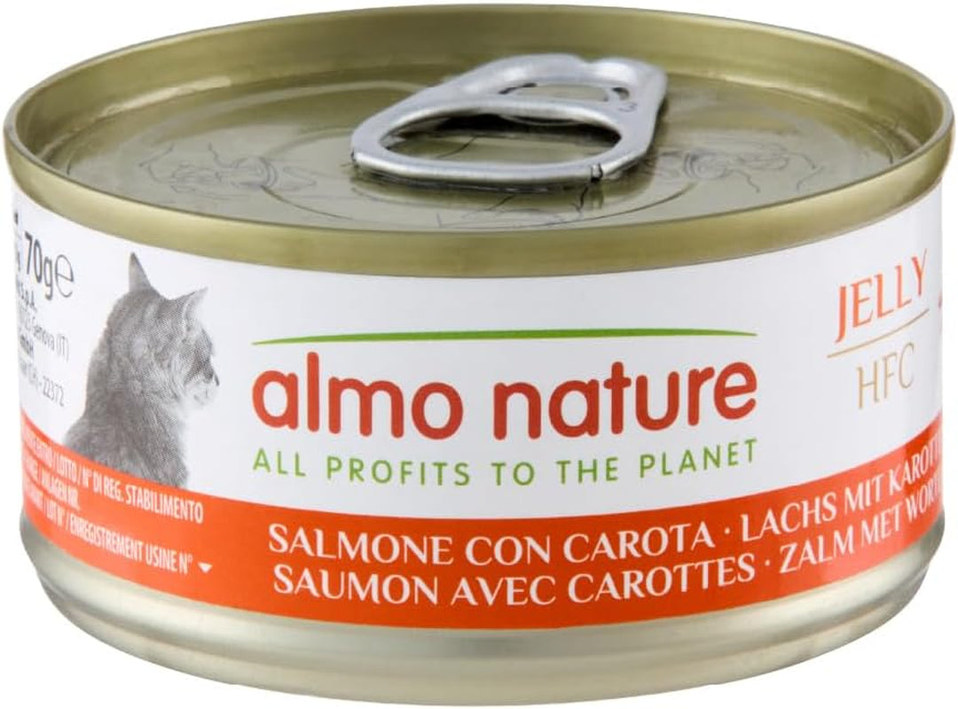Almo Nature HFC Jelly - Våtfoder för vuxna katter - Lax och morötter - Mänsklig kvalitet, glutenfri - 6 x 70g