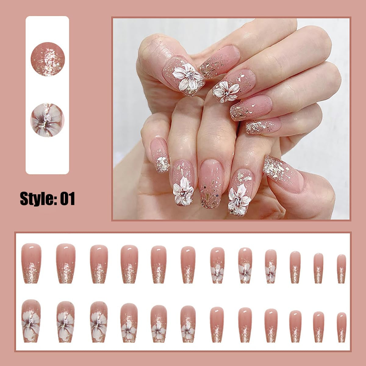 Konstgjorda naglar Naturligt Glitter Kort Press På Akryl Självhäftande Glitternaglar För Kvinnor Flickor Nail Art Accessoarer 48st