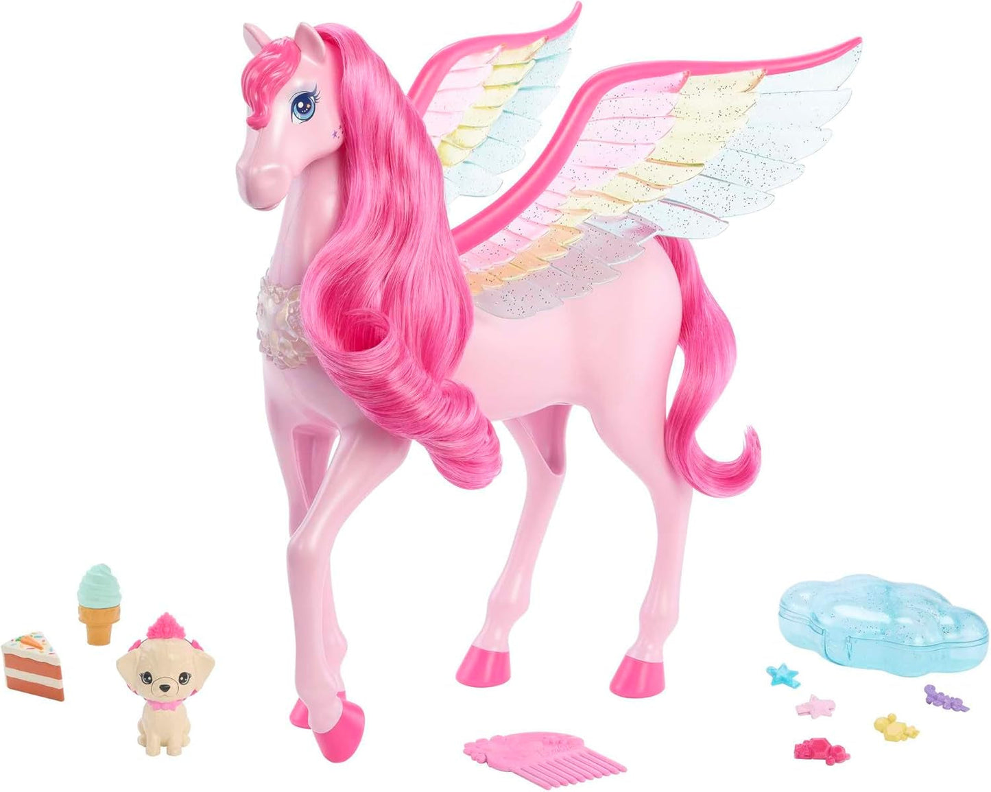 Barbie Pegasus Magic Hide and Seek - Interaktiv leksak med ljus och ljud, 10 tillbehör, Rainbow Wings, för åldrarna 3 och uppåt, HLC41