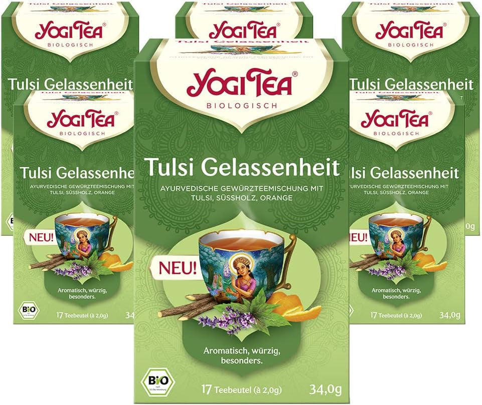 Yogi-te - Tulsi Serenity, ayurvediskt örtte, koffeinfritt, Tulsi-blandning - helig basilika, lakrits och apelsin, Yogi-te, 6-pack, 6 x 17 tepåsar (102 tepåsar)