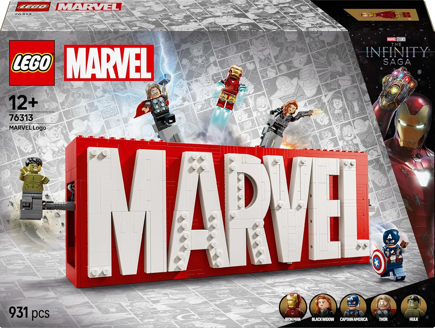 LEGO Marvel: Marvel-logotyp och minifigurer - Hulk, Thor, Iron Man, Black Widow och Captain America samlingsset - Avengers figurbyggeset - Present för pojkar och flickor från 12 år och uppåt 76313 Byggset Beuche den LEGO-Store