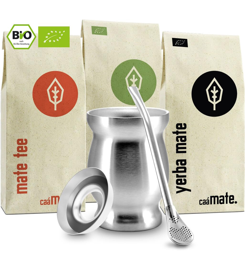 Mate Bio Tea Set ● 3 sortiment av Mate + Dubbelväggig Mate-mugg i rostfritt stål + Bombilla + Brygganvisningar (svart)