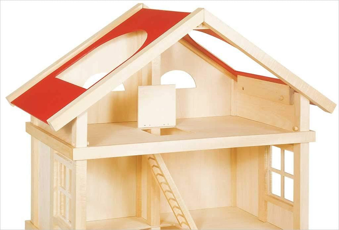 51957 Dockhus i trä, 65 x 35 x 87,5 cm - Stort dockhus i trä, 3 våningar, öppen design, rött tak, trappor och balkong för kreativt rollspel, dockhuslekvärld