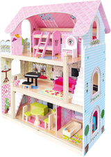 Bino World of Toys Dockhus med balkong, Leksak för småbarn från 3 år, med 3 våningar, trappor, 4 rum och balkong inkl. 15-TLG. Tillbehör, För att främja barns färdigheter, Rosa design Naty Shop dockskåp