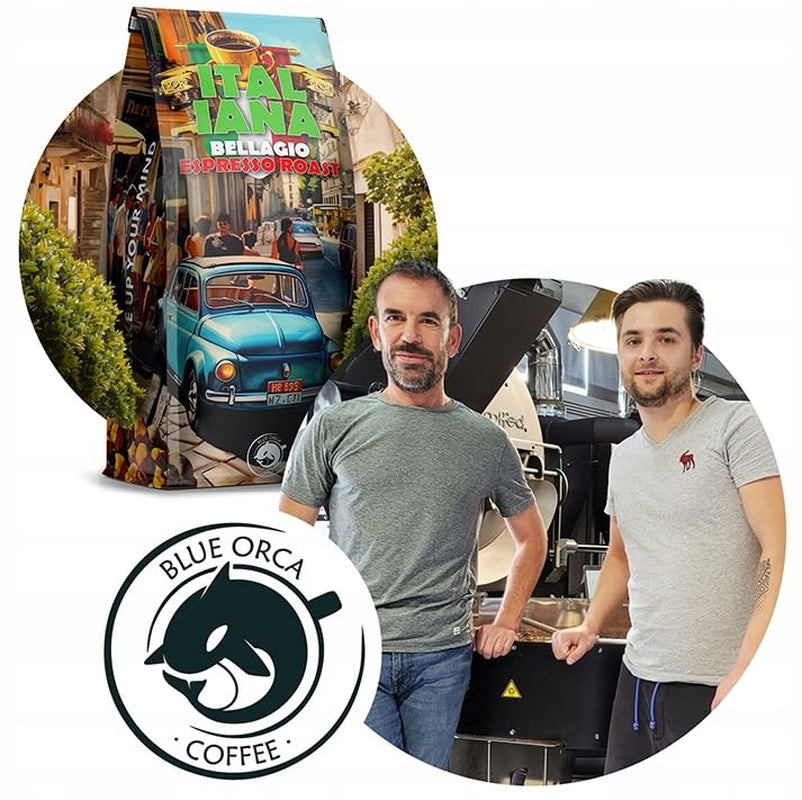 Rostade kaffebönor Italiana Bellagio 1kg | 80 % Arabica och 20 % Robusta | med inslag av nötter och mörk choklad | nyrostad, låg syra | för kaffemaskiner | Blue Orca Coffee