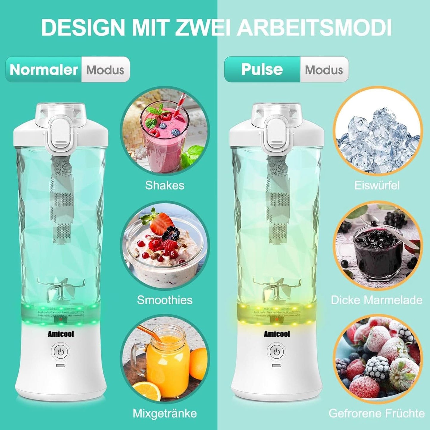 Mixer Smoothie Maker to Go, Mini Standmixer Tragbar Mit 6-Klingen Edelstahl, Enstafter Mit Reisedeckel, USB Portable Blender Elektrisch 600Ml Flaska, Mixer Shaker Slushy Maker Wasserdichter Bucatarie Naty Shop