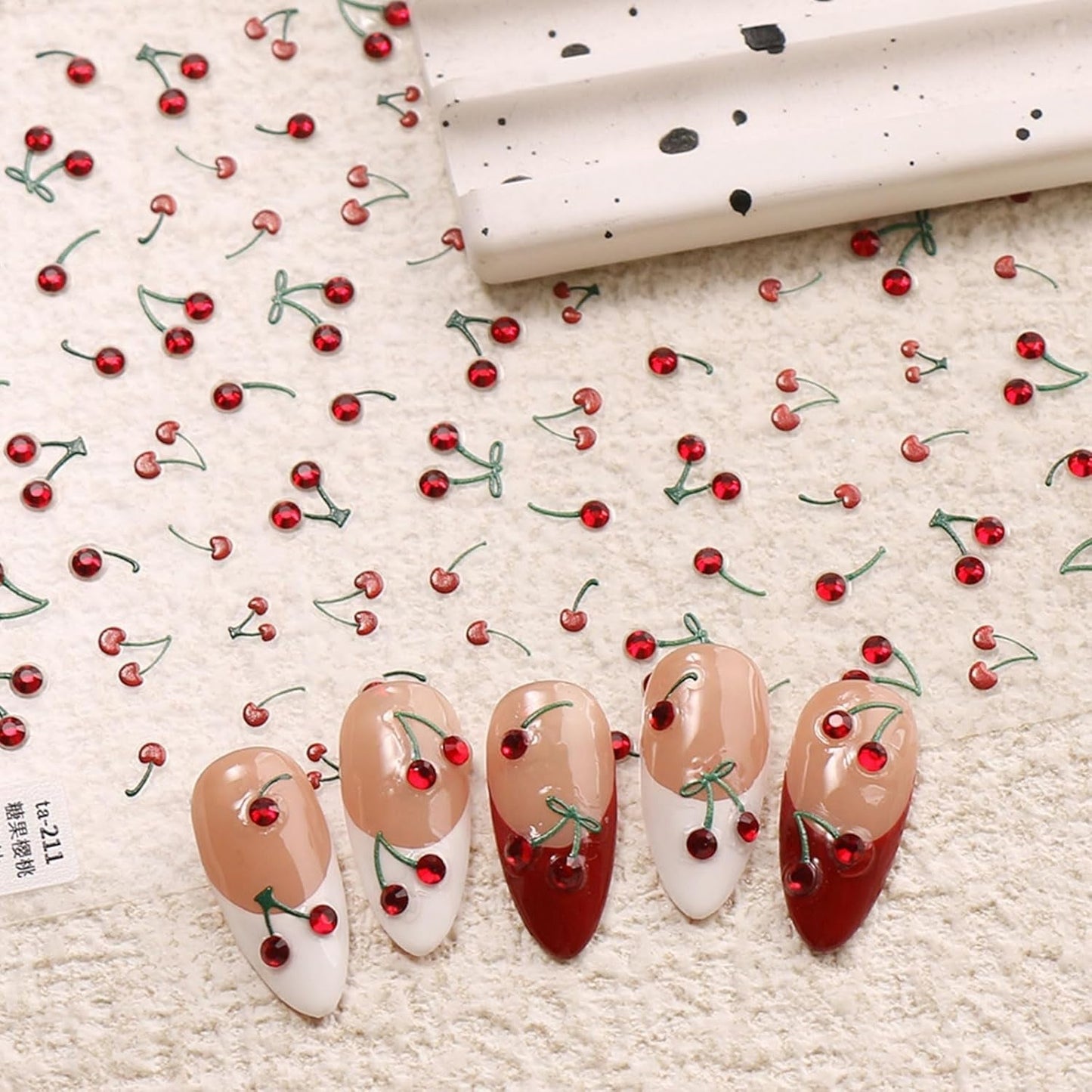 JMEOWIO 3D Nagelsticker Kirsche Nail Art Sticker Selbstklebend Nagelaufkleber 5D Stereoskopisk Dekoration Nageldesign Zubehör 1 Blatt