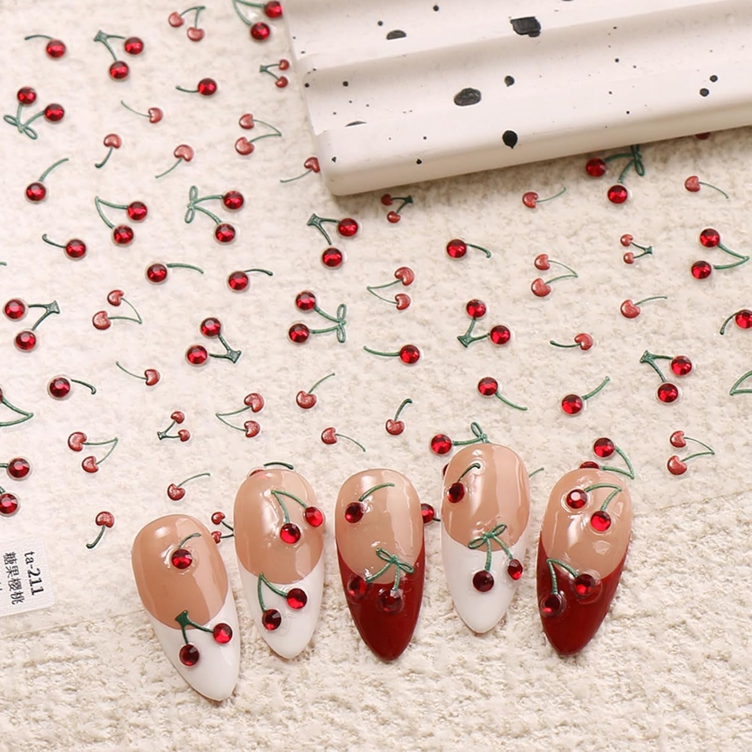 JMEOWIO 3D Nagelsticker Kirsche Nail Art Sticker Selbstklebend Nagelaufkleber 5D Stereoskopisk Dekoration Nageldesign Zubehör 1 Blatt