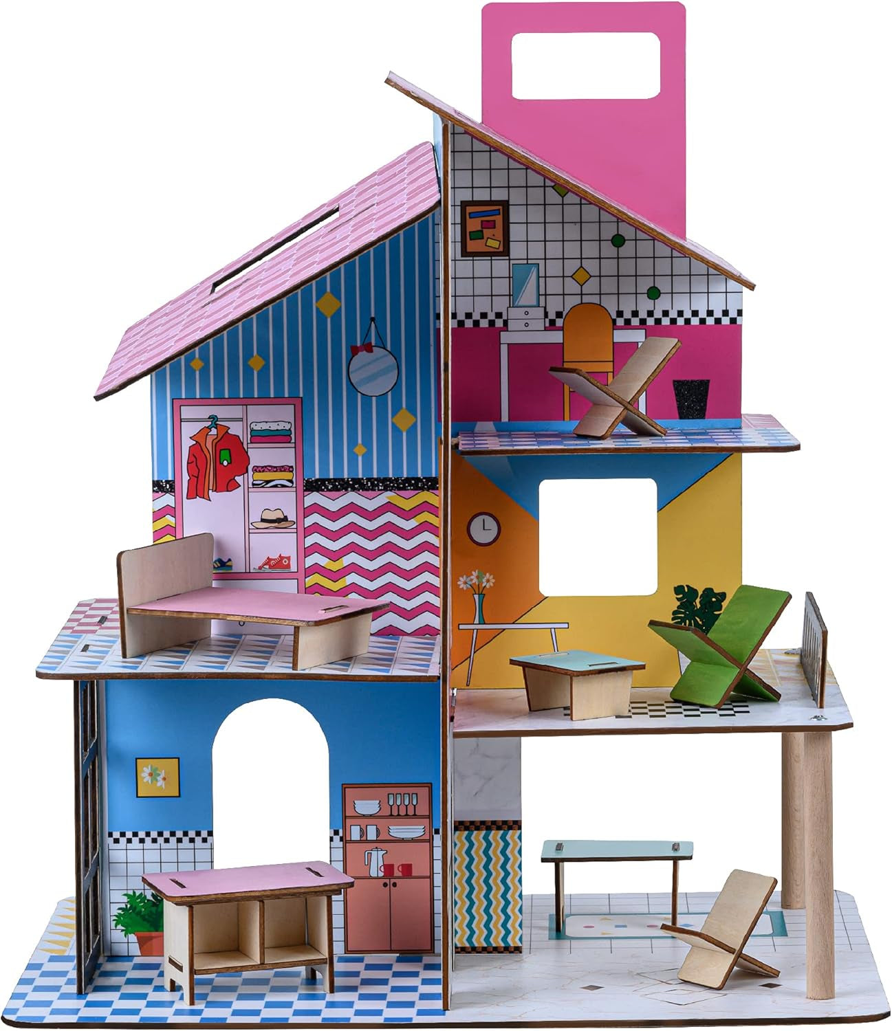 Olivia'S Little World 360 dockhus i trä för barn 3,5" dockor och 12 tillbehör Flerfärgad TD-13260C dockskåp Naty Shop