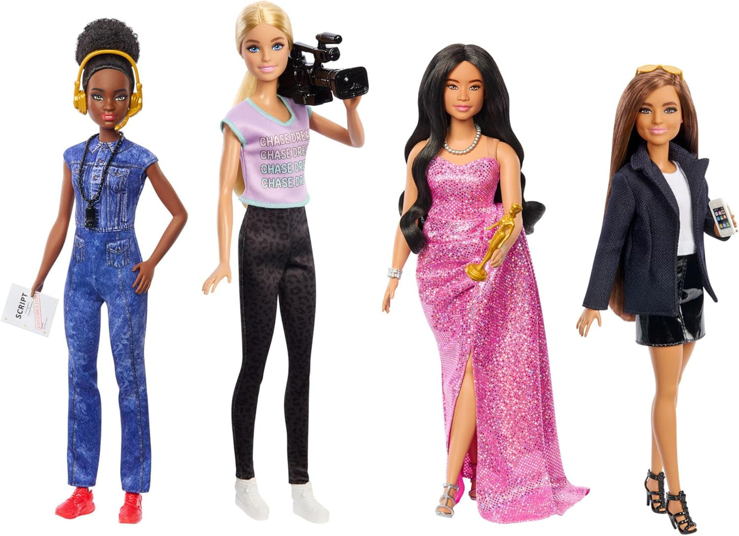 Barbie Berufe-Set med 4 Puppen och Zubehör, Frauen in der Filmbranche med Studioleiterin, Regisseurin, Kamerafrau och Filmstar in Ausziehbaren Outfits, HRG54