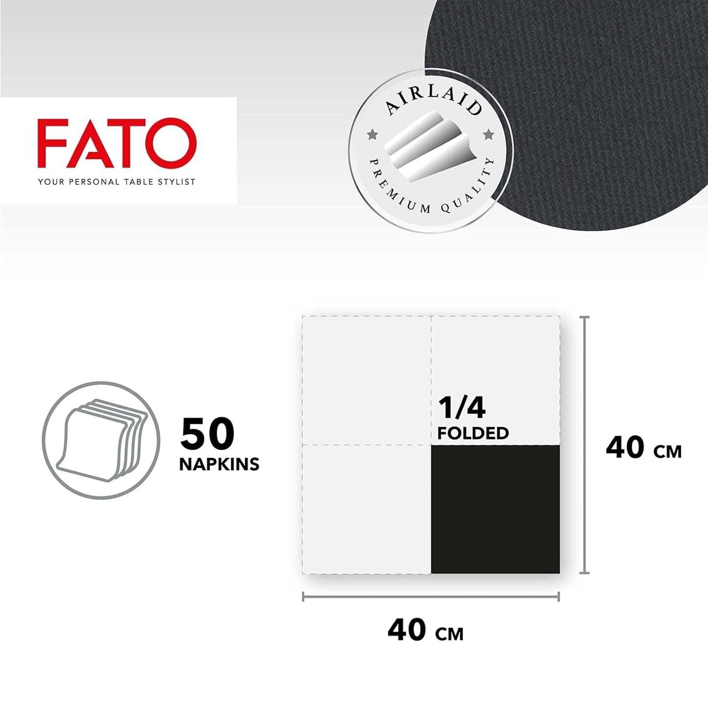 Fato - torra pappersservetter, luftlagda, tygeffekt, paket med 50 servetter, storlek 40X40 vikta i 4, färg svart
