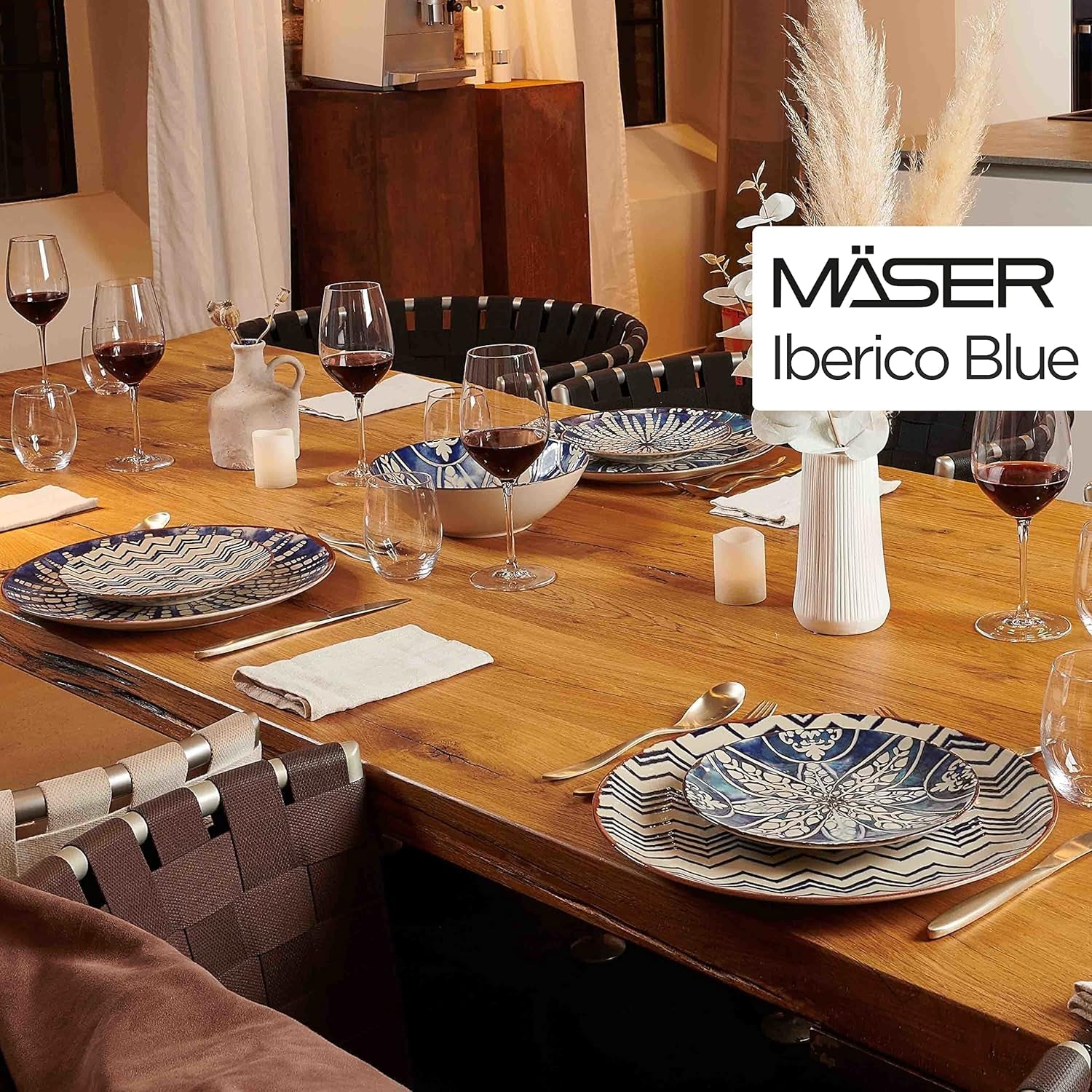 MÄSER 934017 Iberico Blue 4-personers middagsset, 12-delat, morisk stil, olika vintagedesigner i vitt och blått, keramik