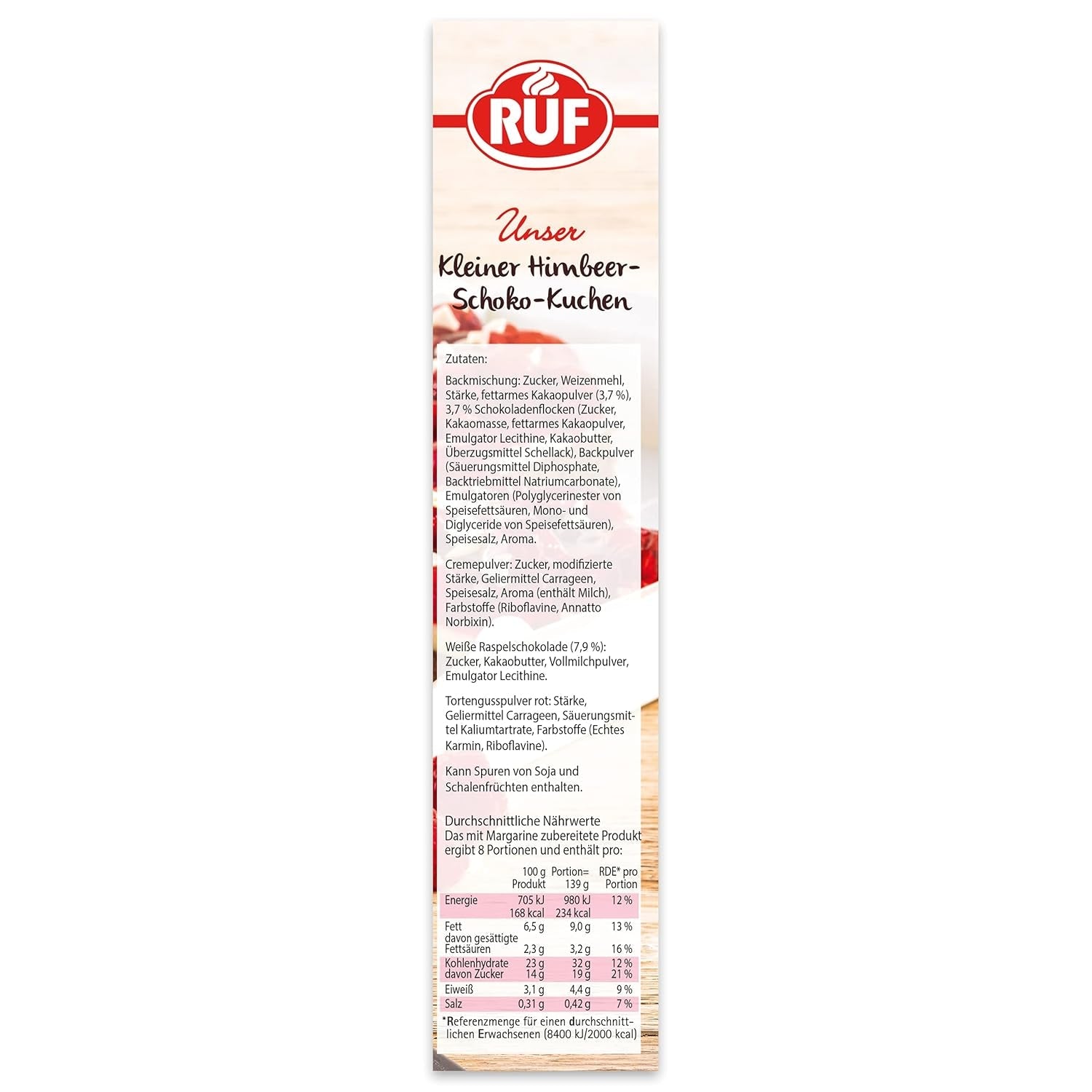 RUF Kleiner Himbeer-Schokokuchen, Mini-Kuchen Mit Feiner Puddingcreme, Himbeeren Und Weißen Schokoraspeln, Inkl. Bakform, 1X252G Blandning för bakning och matlagning Naty Shop
