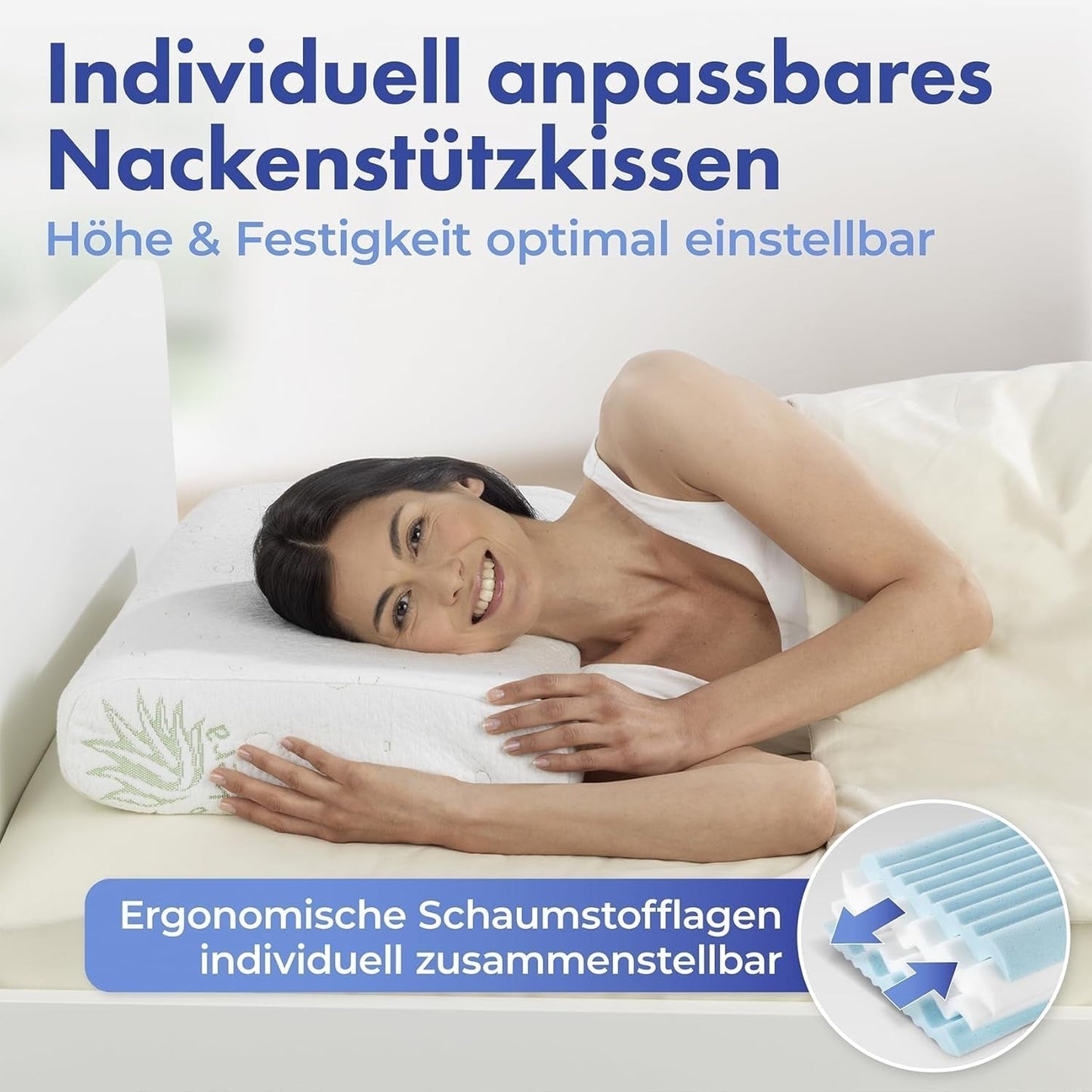 Maximex visco nackstödskudde, Andas stödkudde med ergonomisk skumfyllning, Höjd- och höjdjusterbar nackstödskudde för en vilsam sömn, Med aloe vera Naty Shop standardkuddar
