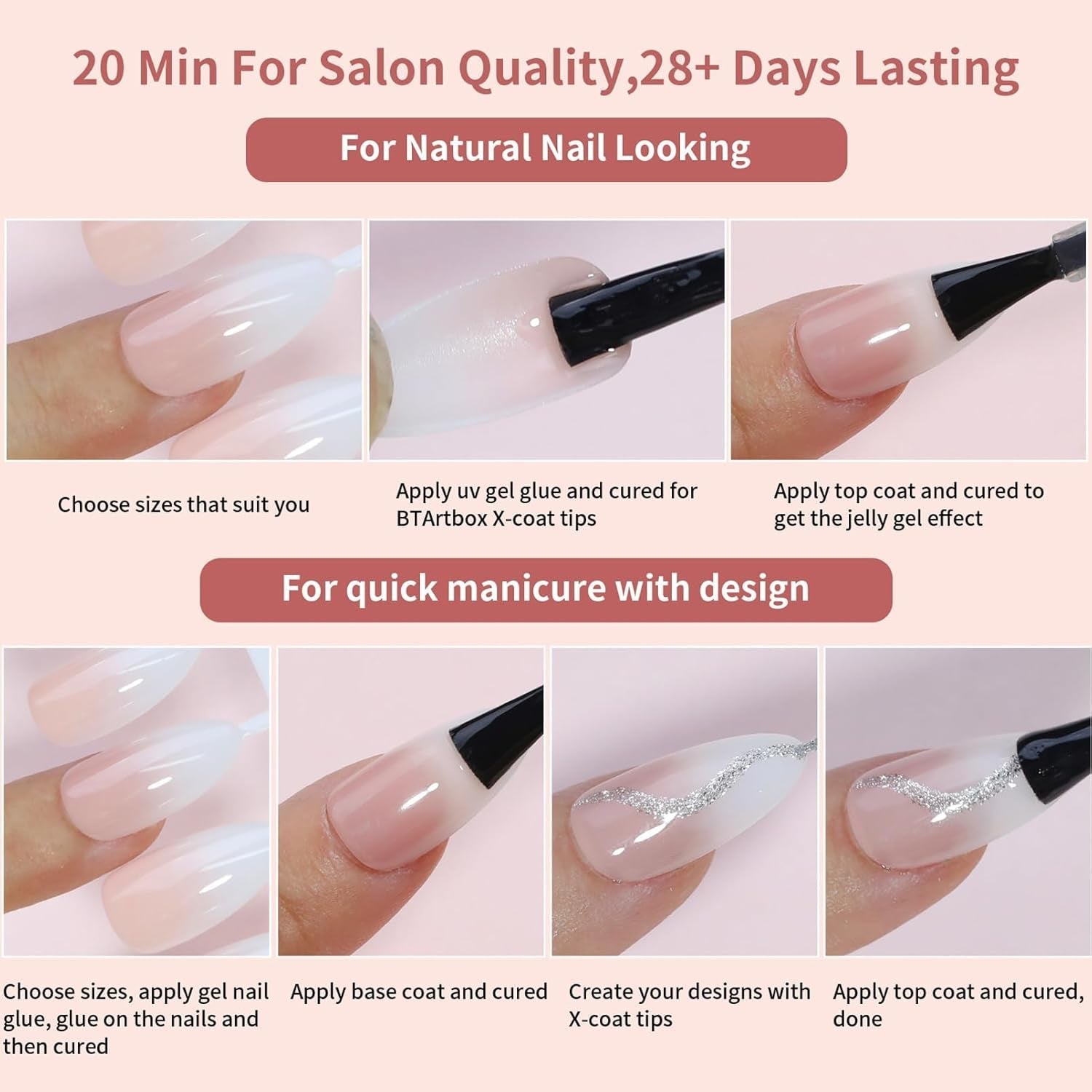 150 st Gradient False Nails Kit - 5 färger Ombre Design Självhäftande konstgjorda naglar - Heltäckande för kvinnor och tjejer - Glansiga lösnaglar för gör-det-själv-manikyr (fyrkantig)