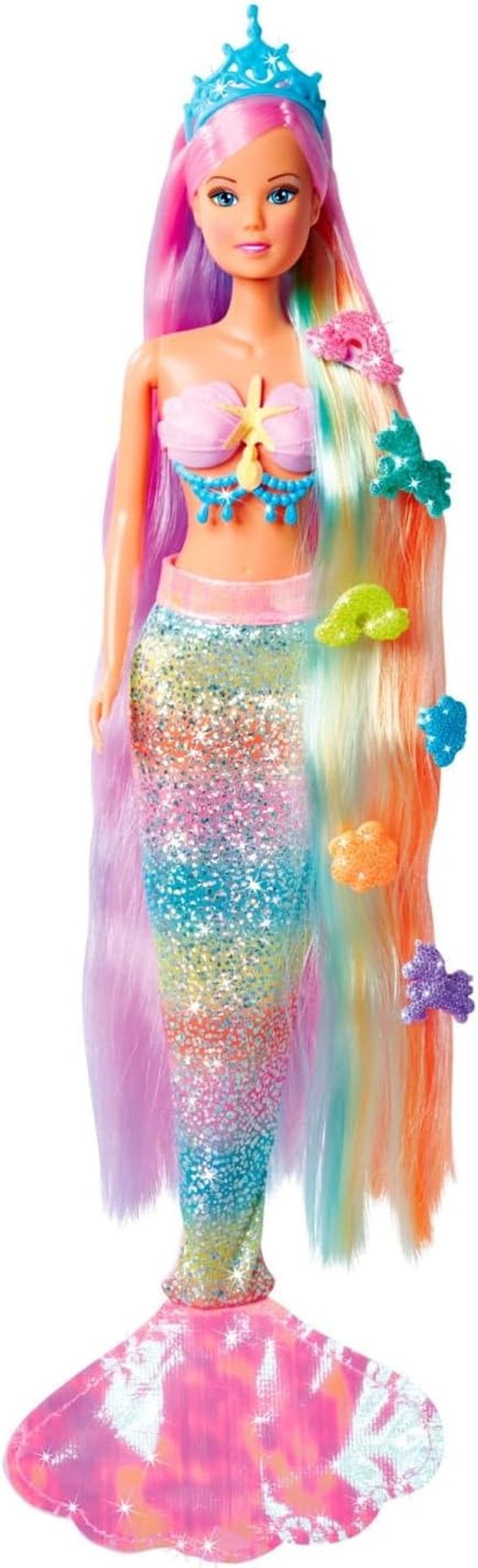 Simba 105733610 - Steffi Love Rainbow Mermaid, regnbågssjöjungfru modedocka med färgglatt hår, hårspännen, kam och avtagbar fena, lekdocka 29 cm, från 3 år
