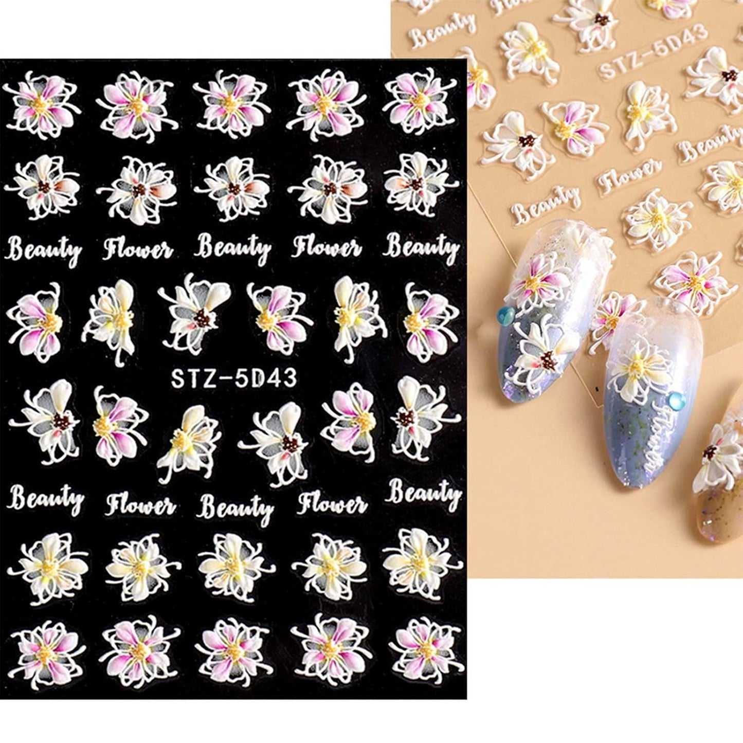 JMEOWIO 3D Nagelsticker Frühling Blume Nail Art Sticker Selbstklebend Nagelaufkleber 5D Stereoskopisk Buntes Sommer Blumen Dekoration Nageldesign Zubehör 4 Blatt