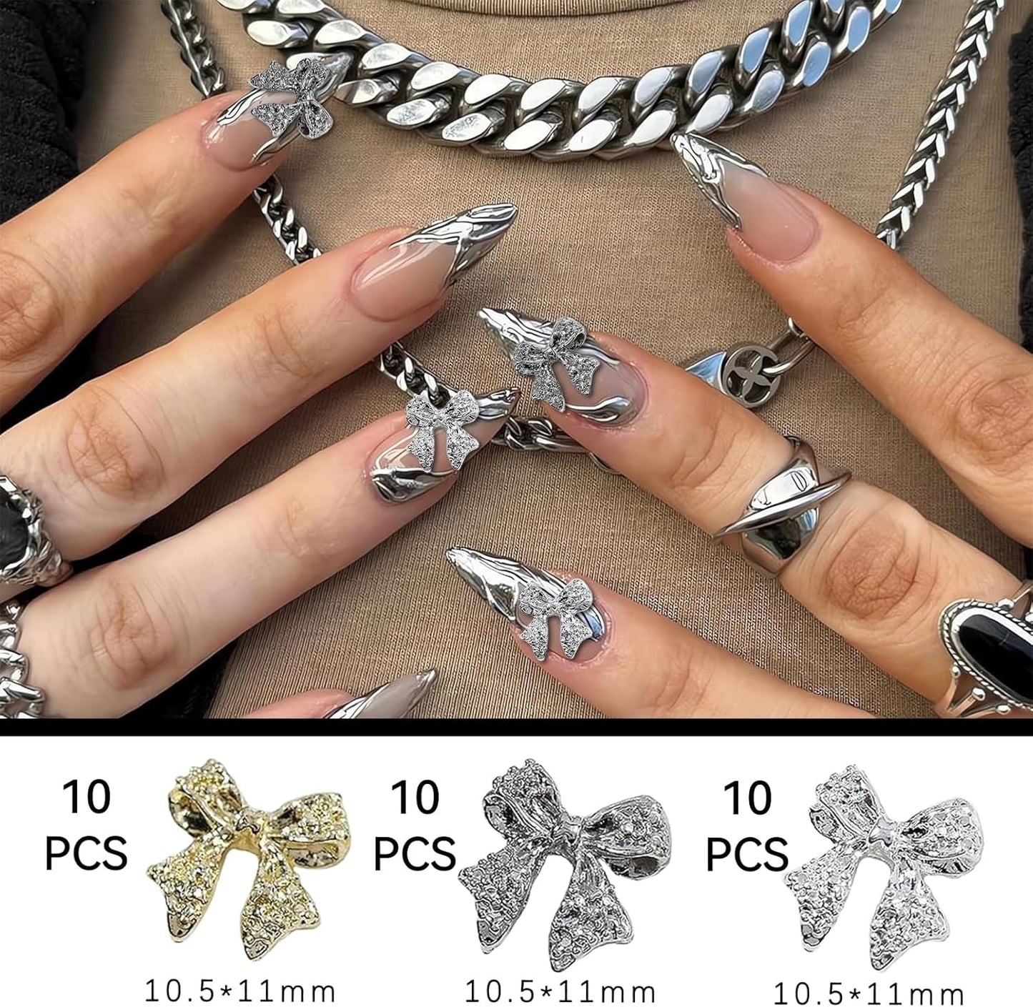 30st Nagelbågar i metall, Guld Silver Gråa rosetter, Nageltillbehör, Nageldekorationer för kvinnor och flickor, Nail Art Design
