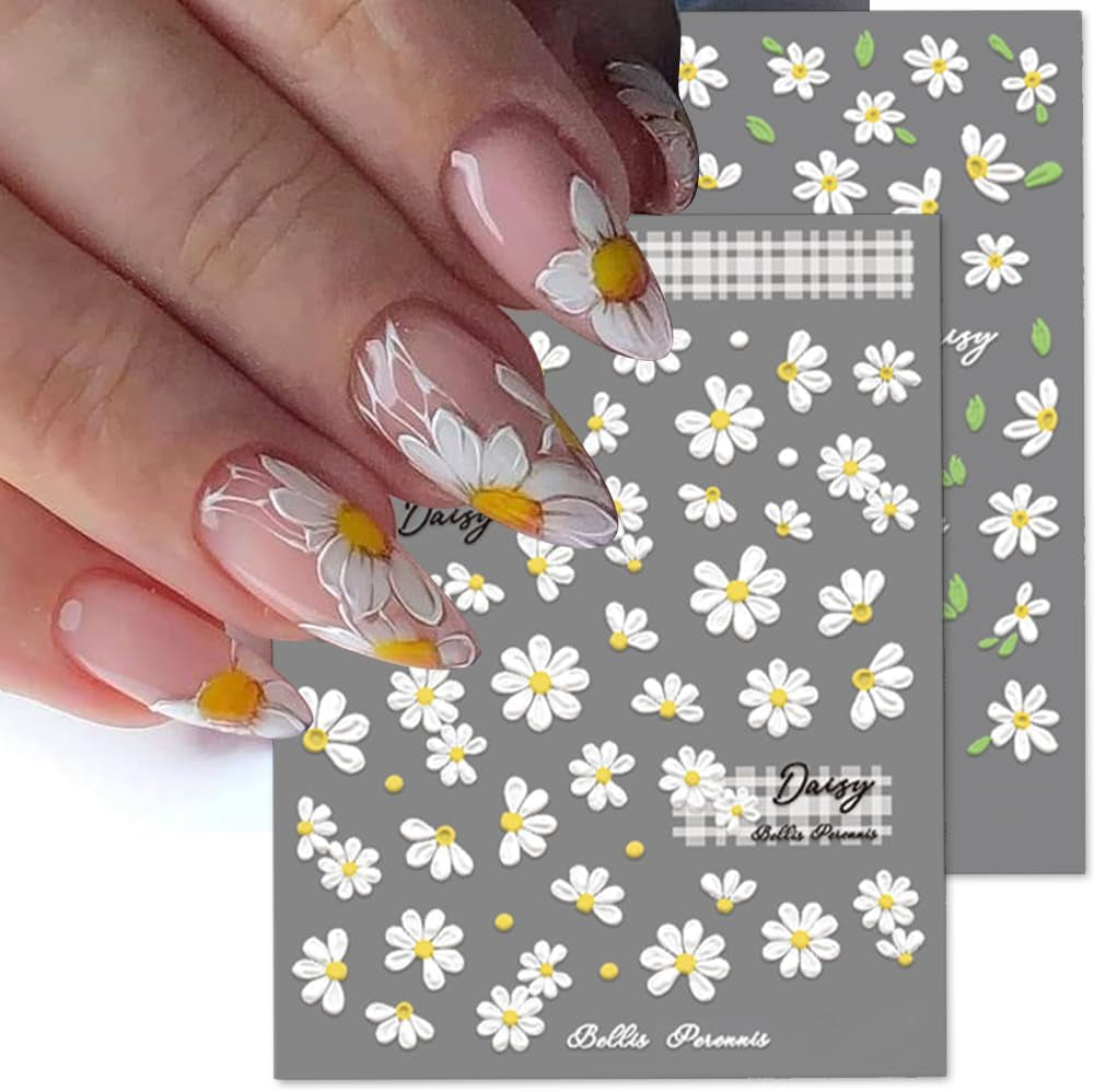 5D-präglade vita prästkragar Nagelklistermärken Blommor Nagelklistermärken Blommor Självhäftande folieklistermärken Nagelkonstklistermärken Tusenskönor Nageldekoration Tillbehör Blomdesignklistermärken Nagelkonst