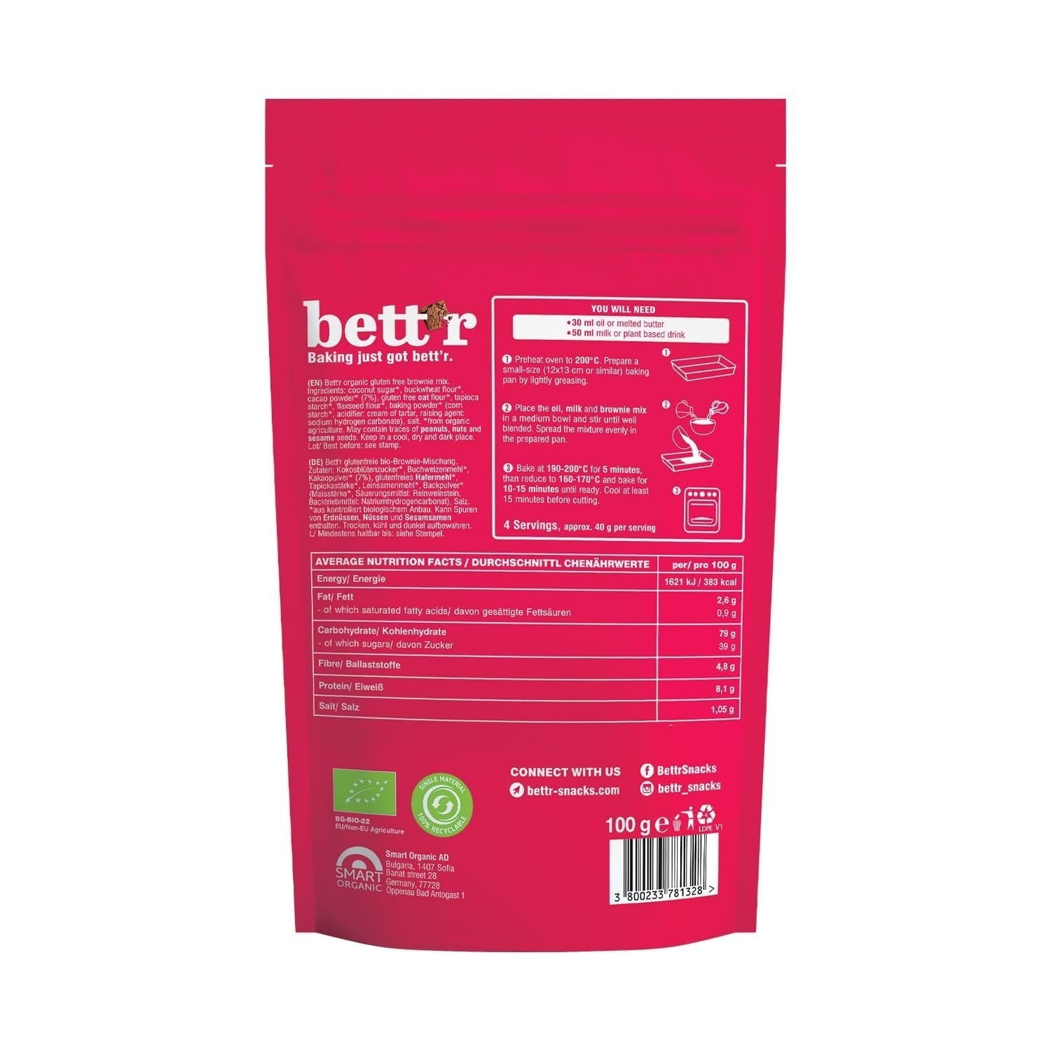 Bettr Organic Brownie Mix - Bio, Vegan Och Glutenfreie Brownies Mit Reichhaltigem Kakaogeschmack - 400 G - 15 Portionen Naty Shop