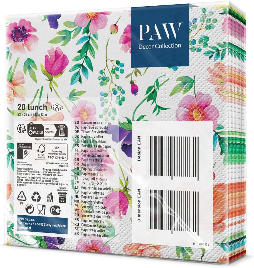 PAW - 3-skiktsservetter (33 X 33 Cm) I 20 delar I Perfekt för födelsedagar, fester, bröllop, nattvard och helgdagar I Bordsdekorationer Färgglada pappersservetter - Färgglada blommor Flora I Blomarrangemang