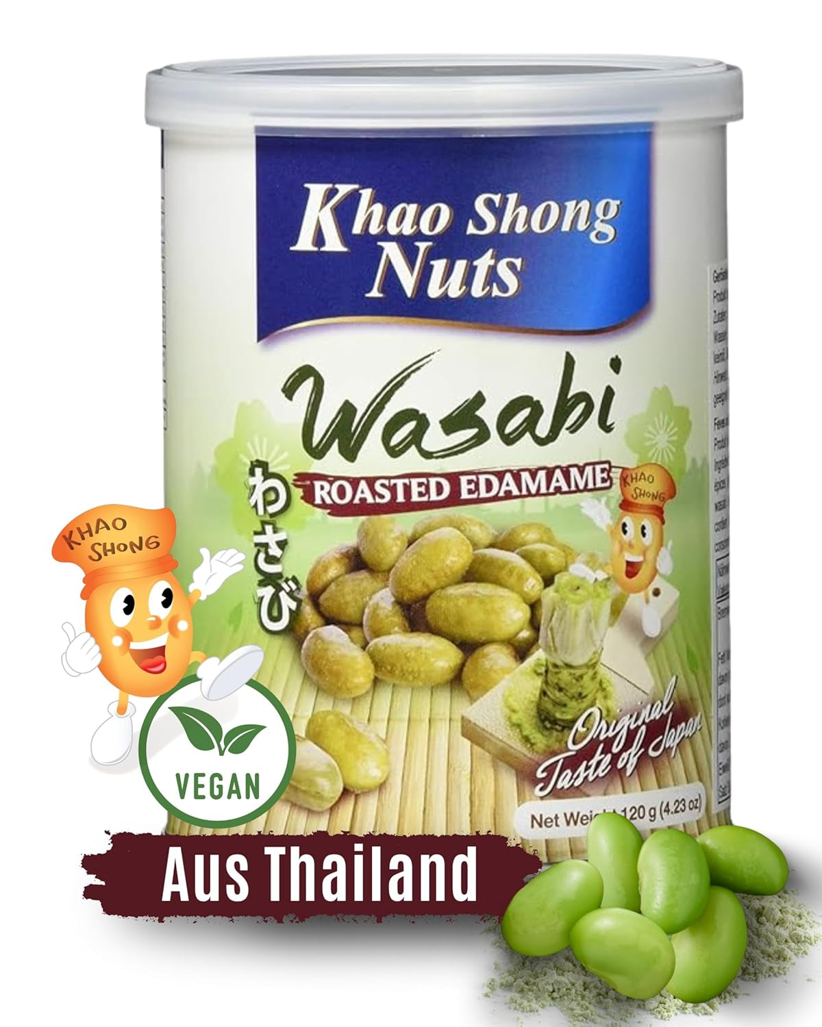 Khao Shong Friterade gröna ärtor med wasabi, krispiga ärtor i en kryddig smet, ett fettsnålt alternativ till nötter, medelkryddigt, 1 140g burk | 140 g (1 förpackning)